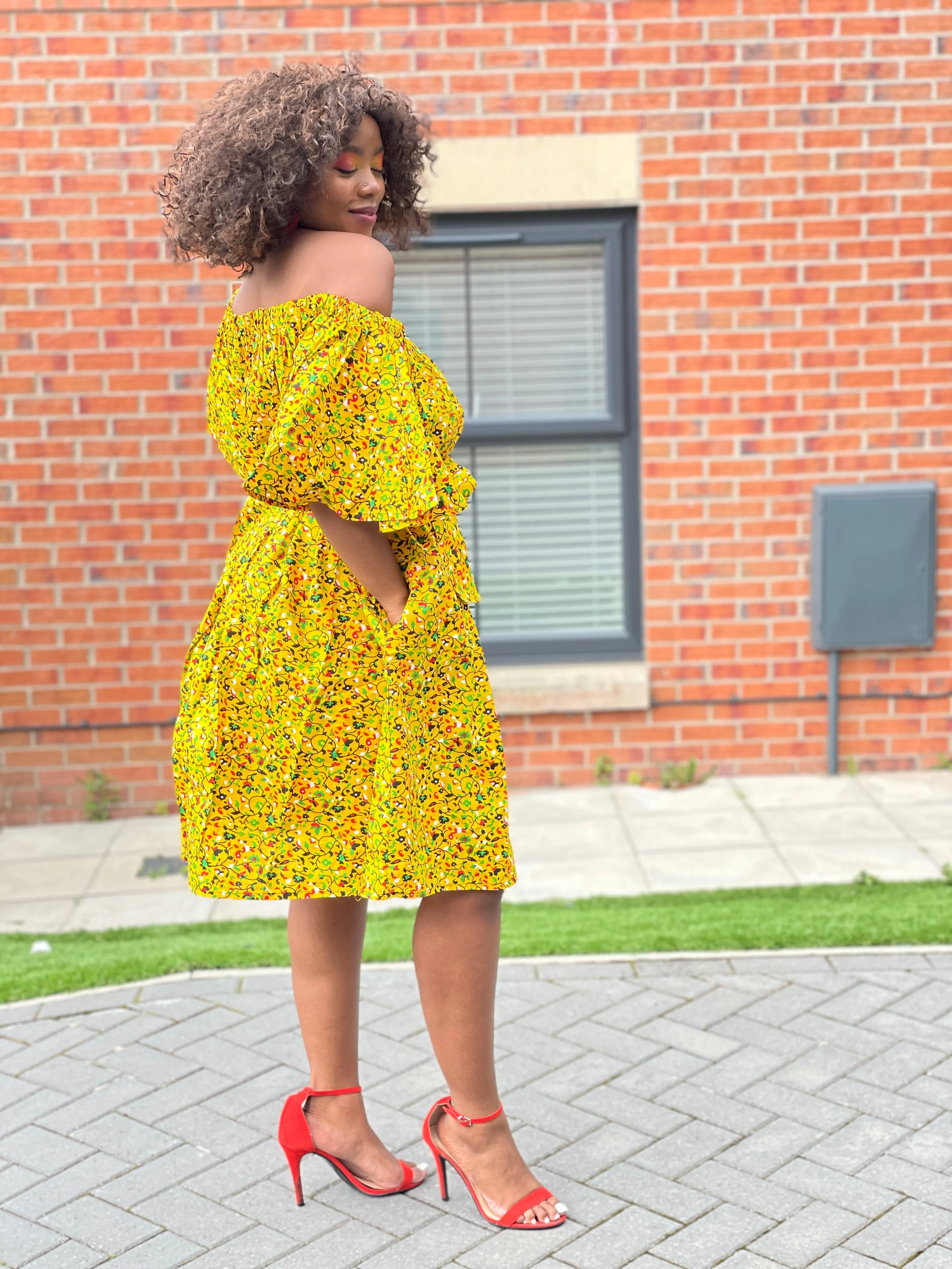 Bailey Ankara Off Shoulder Midi Dress | Yellow African Print