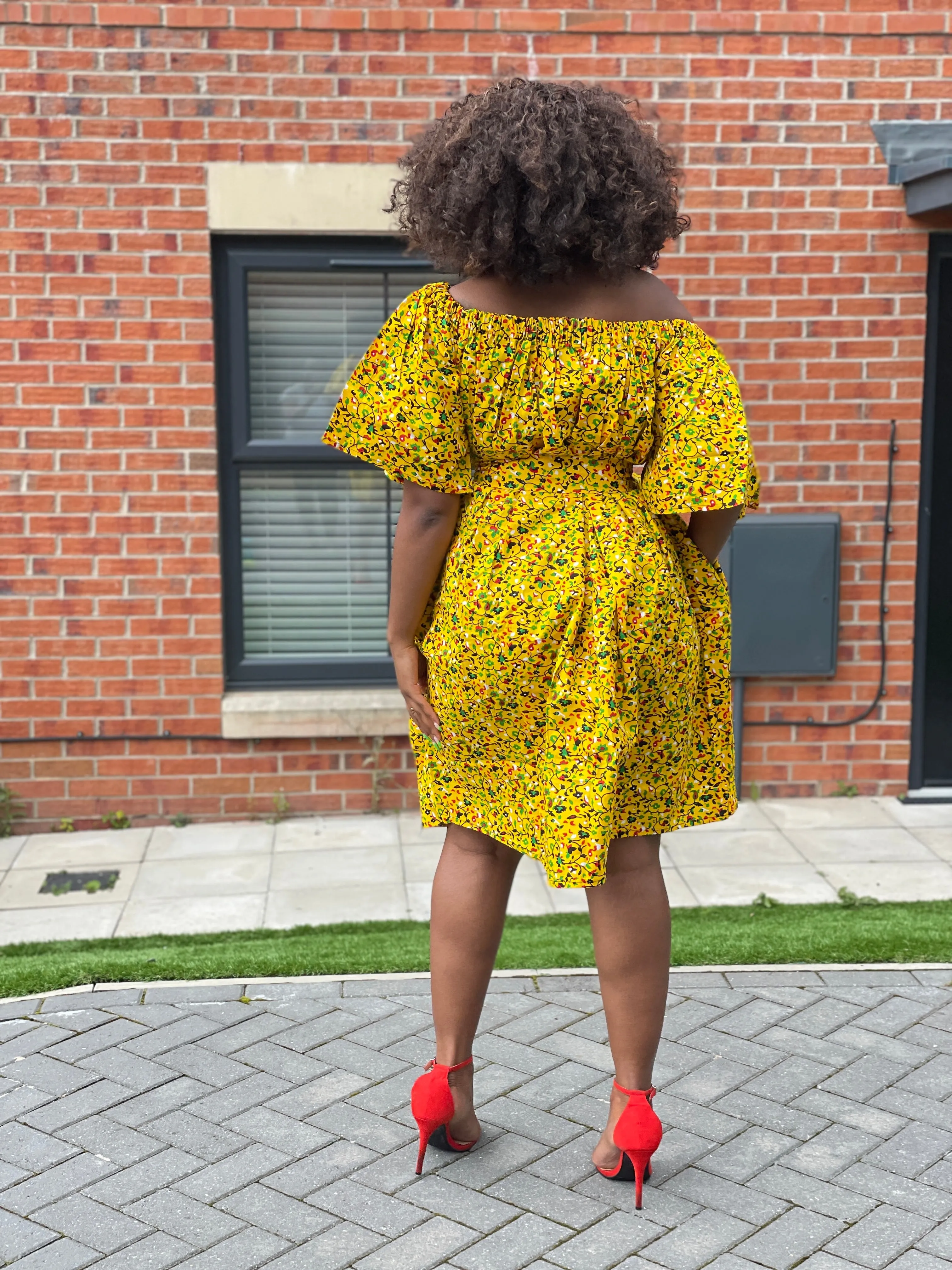 Bailey Ankara Off Shoulder Midi Dress | Yellow African Print