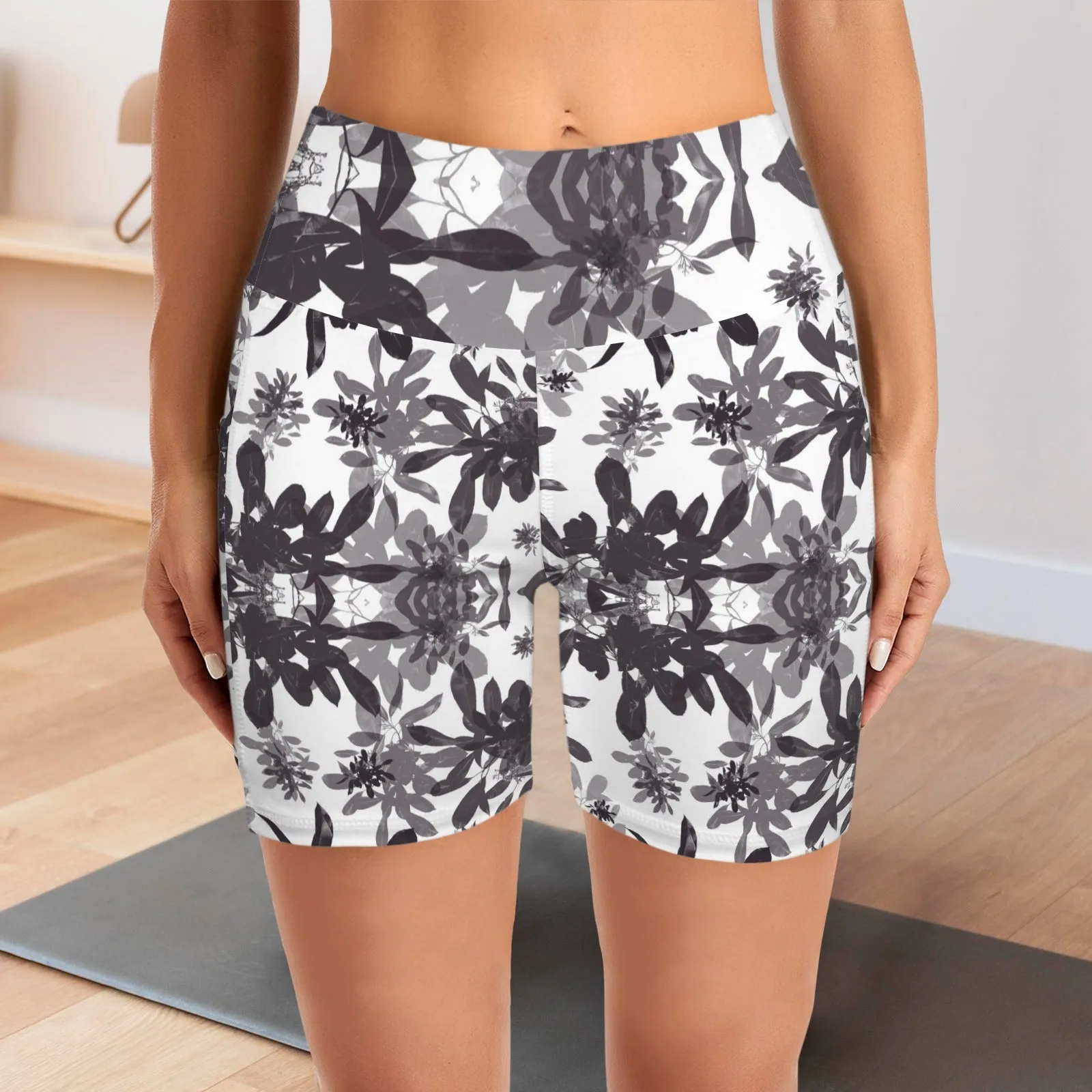 Dark Leaves Yoga Shorts with Pockets up to 5 XL (FWS)