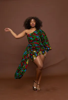 Faye Ankara Short Mini Dress | Green and Red MultiColoured African Print