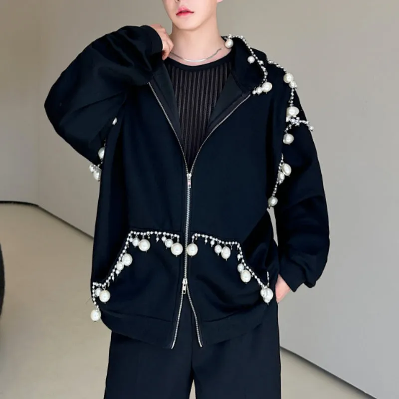 Hand-sewn Pearl Embellished Hooded Sweatshirt Jacket