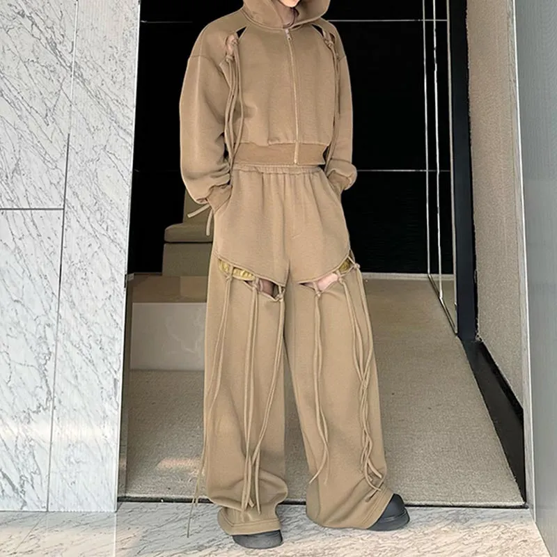 Hollow Strap Hooded Sweatshirt Two-Piece Set