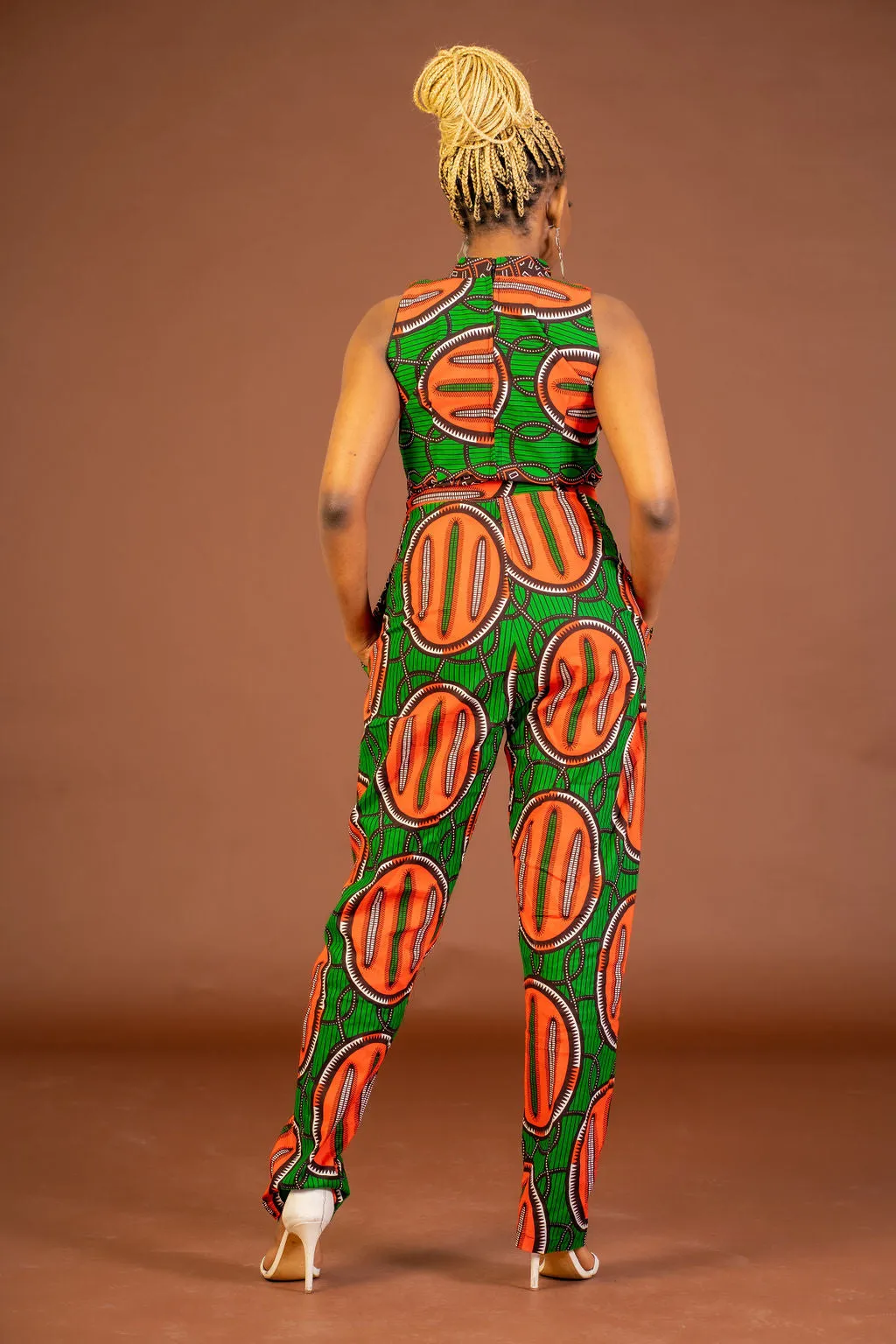Maggie Ankara Jumpsuit | Green and Orange African Print
