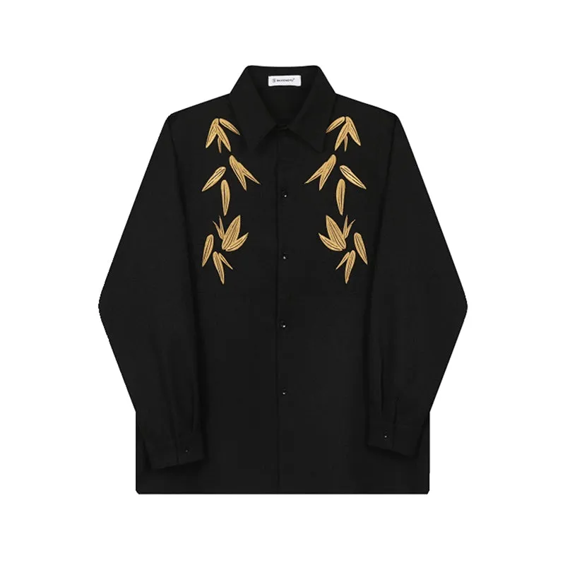 Maple Leaf Embroidered Vintage Lapel Long Sleeve Shirt