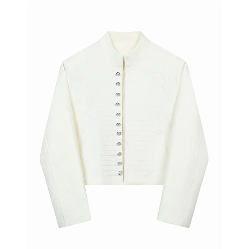 Multi-button Embroidered Stand Collar Cropped Jacket
