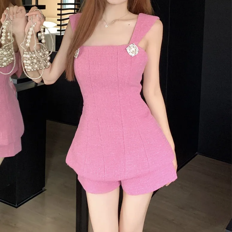 Nail Drill Hollow Bow Top High Waist Shorts Set