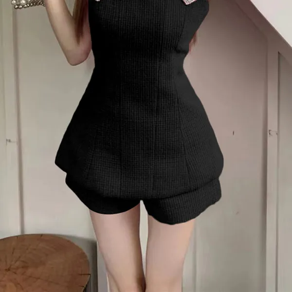 Nail Drill Hollow Bow Top High Waist Shorts Set